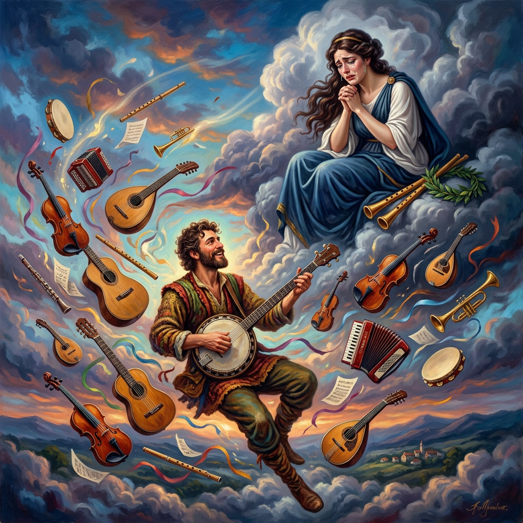 Musician playing banjo amid floating instruments and a grieving woman in clouds