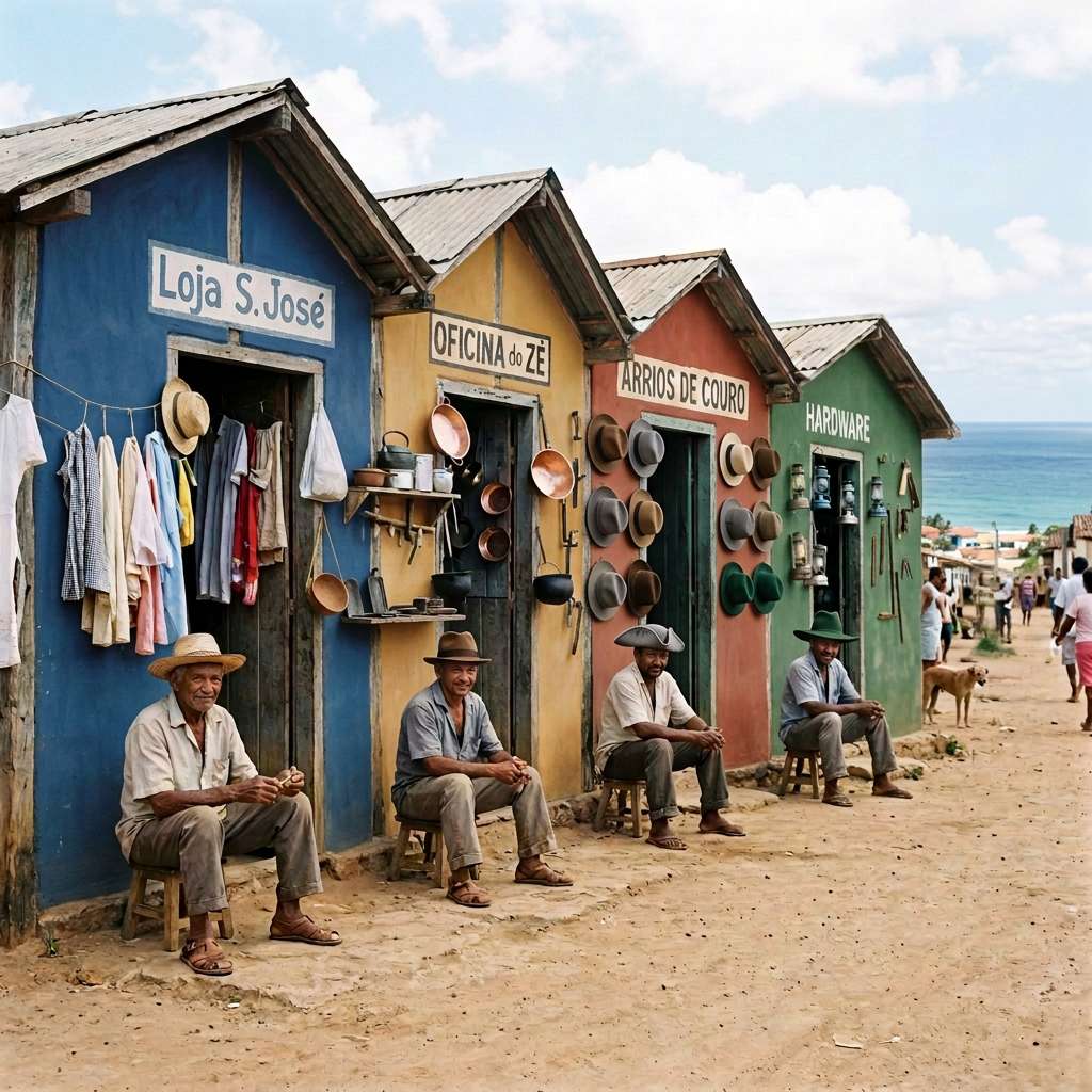 Village shops labeled “Loja S. José,” “OFICINA do ZÉ,” “ARRIOS DE COURO,” and “HARDWARE,” with four men seated outside.